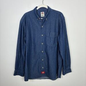 Dickies Mens Large Long Sleeve Denim Button Up Shirt Blue Work Business Casual
